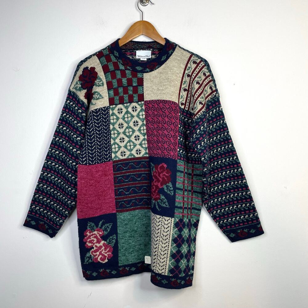 Vintage Willow Bay Patchwork Fair Isle Floral  Long Acrylic Sweater Navy M new